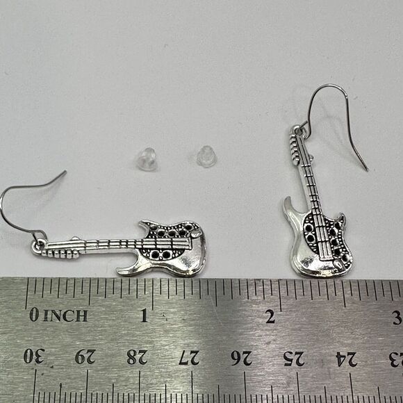 Guitar Earrings Silver Tone Rock Music Band Instrument Dangle‎ Drop Jewelry - Picture 3 of 10